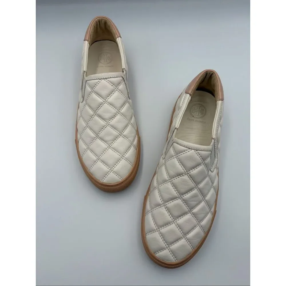 Tory Burch Willa Quilted Leather Slip On Sneakers Ivory Blush Size 7